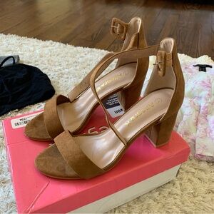 Allegra K Camel Tan Faux Suede Block Heels Sandals 7 Worn Once Mid Heel Height